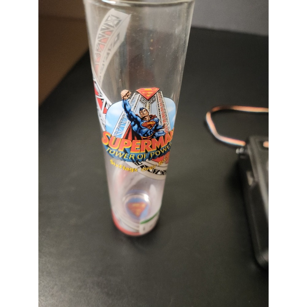 Superman Tower of Power Six Flags Over Texas Souvenir Tall Glass Shooter 8.25in